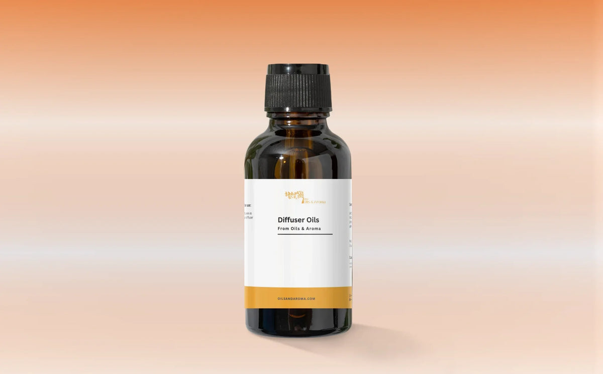 oils & Aroma Diffuser Oil glass bottle on a orange and white background
