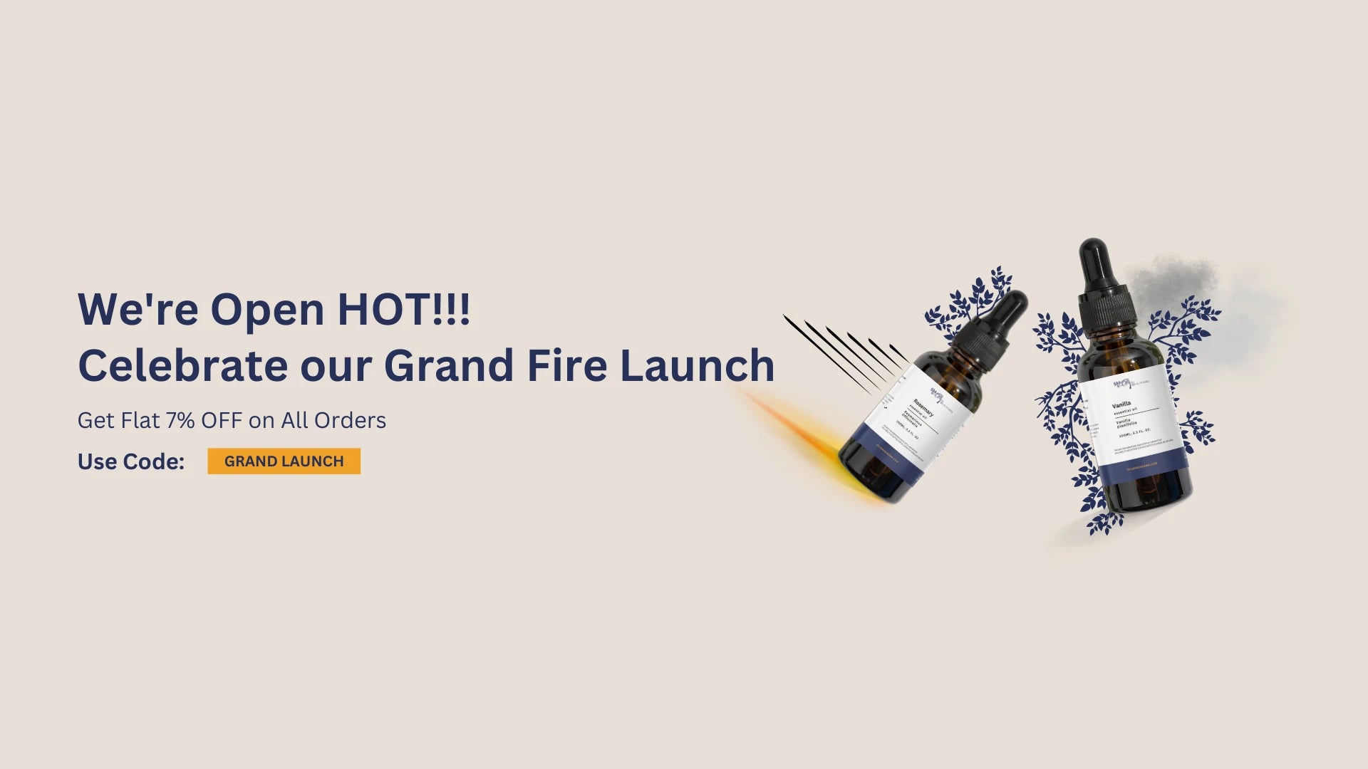 Promotional banner for a grand fire launch with product bottles and text on a light background
